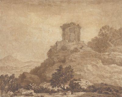 Krajobraz ze zrujnowaną świątynią, ok. 1756 (grafit i wash na papierze) autorstwa Alexander Cozens