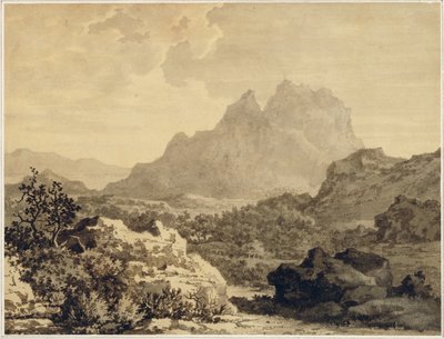 Уулын ландшафт, 1780 он (бор хөрсөөр бэлтгэсэн цаасан дээр саарал, хүрэн угаах)поли autorstwa Alexander Cozens
