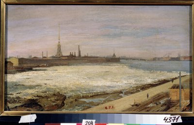 Lodowy dryf nad Newą w Sankt Petersburgu (lody dryfujące w Sankt Petersburgu). W tle katedra św. Piotra i Pawła oraz twierdza. Obraz Aleksandra Dmitriewicza Litovchenko (Litovchenko) (1835-1890), olej na płótnie autorstwa Alexander Dimitrievitch Litovtchenko
