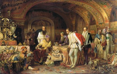 Iwan IV z Rosji demonstruje swoje skarby ambasadorowi angielskiej królowej Elżbiety I, 1875 r autorstwa Alexander Dmitrievich Litovchenko