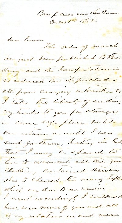 List podpisany A.E. Steen, obóz w pobliżu Van Buren, do swojej kuzynki pani Mary Walker, Van Buren, Ark., 1 grudnia 1862 autorstwa Alexander Early Steen