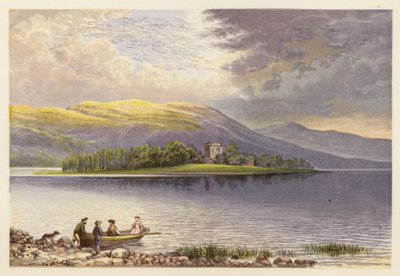 Sceneria szkockiego jeziora: Loch Leven (kolorowa litografia) autorstwa Alexander Francis (after) Lydon