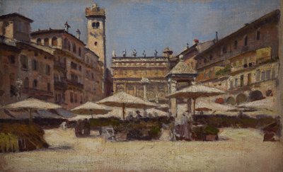 Piazza delle Erbe w Weronie, ok. 1900 r. (olej na płótnie) autorstwa Alexander Gierymski