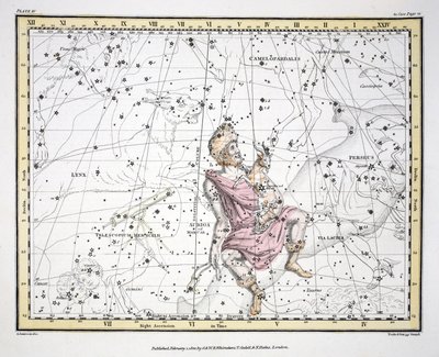 Konstelacje (tabl. IV) Auriga, Camelopaardalis, Telescopium Herschelli, z „Atlasu niebieskiego” Aleksandra Jamiesona, wyd. Londyn 1822 (ręcznie kolorowane grawerowanie) autorstwa Alexander Jamieson