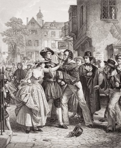 The Press Gang chwyta wodniaka na Tower Hill rano w dniu jego ślubu, z „Illustrations of English and Scottish History” Tom II (patrz 95977) autorstwa Alexander Johnston