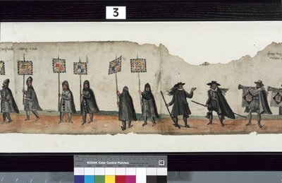 Fragment obrazu The Huntly Funeral Procession, który podobno został wykorzystany podczas pogrzebu Jerzego I, markiza Huntly autorstwa Alexander Kincaid