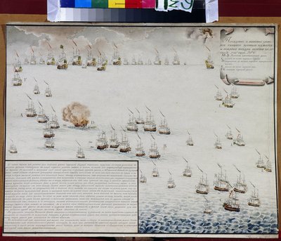 Bitwa morska pod Tendrą (na Morzu Czarnym) 8 i 9 września 1790 r. (Bitwa morska pod Tendrą 8 i 9 września 1790 r.). Epizod wojny rosyjsko-tureckiej (1787-1792). Praca Aleksandra Nikołajewicza Depaldo (1876-1939), akwarela na papierze. Sztuka rosyjska autorstwa Alexander Nikolaevich Depaldo