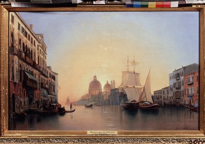 Poranek w Wenecji (Włochy) (Rano w Wenecji). Żaglówki i gondole na Canale Grande wraz ze wschodzącym słońcem, w tle wyróżnia się bazylika Santa Maria Della Salute. Obraz Aleksandra (Aleksander) Nikołajewicz Mordwinow (1799-1858), olej na płótnie autorstwa Alexander Nikolayevich Mordvinov