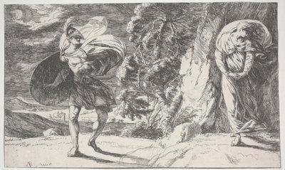 Fingal Encounters Carbon Carglass, pierwszy wydrukowany ok. 1773 (akwaforta) autorstwa Alexander Runciman