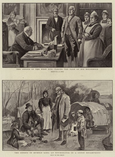 Spis ludności na West Endzie, biorący opowieść o swoim gospodarstwie domowym, Spis ludności w skromnym życiu, rachmistrz w obozie cygańskim autorstwa Alexander Stuart Boyd