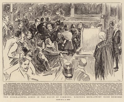 Haniebna scena w Izbie Gmin, wyrzucanie ogniotrwałych irlandzkich posłów autorstwa Alexander Stuart Boyd
