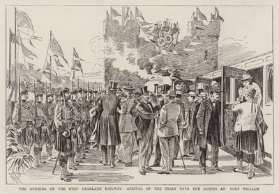 Otwarcie West Highland Railway, przyjazd pociągu z gośćmi w Fort William autorstwa Alexander Stuart Boyd