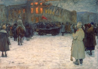 Pożar na zamku litewskim, rewolucja lutowa 1917, Sankt Petersburg - Praca Aleksandra Iwanowicza Wachramejewa (1874-1926), gwasz na papierze autorstwa Alexander Vakhrameyev