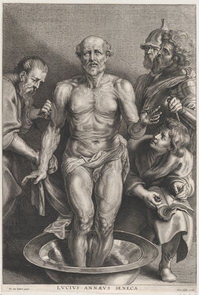 Śmierć Seneki, stojącego w centrum ze stopami w misce z wodą, support..., ca. 1655-78. autorstwa Alexander Voet