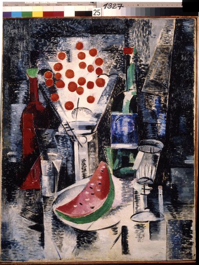 ""Martwa Natura Z Wazonem I Butelek"" Kawałek Arbuza I Wiśni. Malarstwo Alexandra Alexandrovna Exter (1882-1949) (konstruktywizm) 1914 Państwowe Skansen Rostów Kreml, Rostów autorstwa Alexandra Alexandrowna Exter