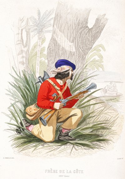 Pirat przygotowuje się do zasadzki, połowa XIX wieku (kolorowy grawerunek) autorstwa Alexandre (after) Debelle
