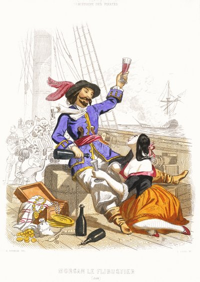 Kapitan Henry Morgan raczy się winem i kobietami w prawdziwie pirackim stylu, połowa XIX wieku (kolorowy grawerunek) autorstwa Alexandre (after) Debelle