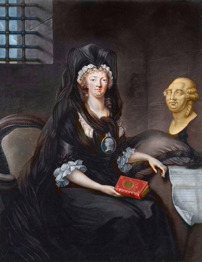 Portret Marii Antoniny (1755-1793) w głębokiej żałobie w więzieniu Świątyni (lub „”Marie Antonina u Concierge, w żałobie, z kameą, wisiorek przedstawiający Delfina, trzymającego życie Maryi Królowej Szkotów , popiersie Ludwika XVI i Te autorstwa Alexandre (after) Kucharski