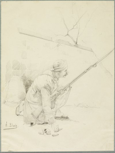Ranny żołnierz ładujący karabin autorstwa Alexandre Bloch