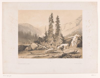 Górski krajobraz ze świerkami i kozami górskimi Sapiny (tytuł na obiekcie) autorstwa Alexandre Calame