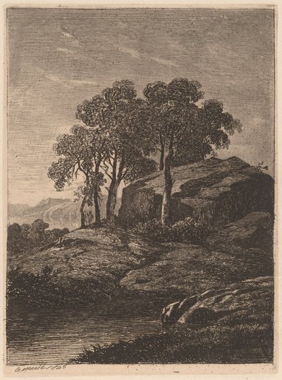 Drzewa przy skale autorstwa Alexandre Calame