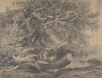 Dwóch mężczyzn odpoczywających nad jeziorem recto..., początek do połowy XIX wieku. autorstwa Alexandre Calame