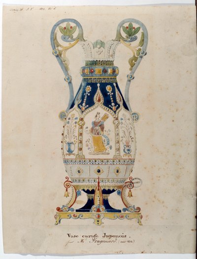 Japońska karafka wazon akwarela autorstwa Alexandre Evariste Fragonard (1780-1850) 1832 Sevres. Produkcja porcelany autorstwa Alexandre Evariste Fragonard