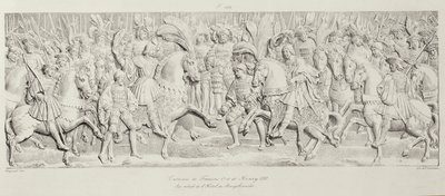 Spotkanie Franciszka I i Henryka VIII na Polu Złotych Szmat, według rzeźbionej kamiennej płaskorzeźby w Hotelu de Bourgtheroulde, Rouen, Normandia, 1501-37, wyryte przez Godefroy Engelmann (1788-183). autorstwa Alexandre Evariste Fragonard