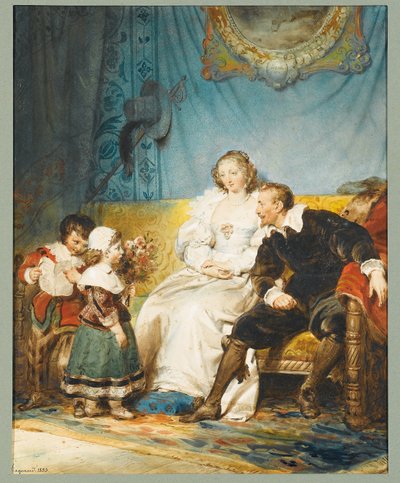 Rubens i Hélène Fourment siedzą z Fransem trzymającym list, a Isabelle Hélène wręcza im bukiet róż autorstwa Alexandre Evariste Fragonard