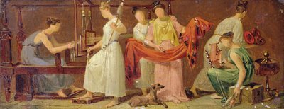 Sześć kobiet tkających we wnętrzu (olej na papierze nałożony na panel) autorstwa Alexandre Evariste Fragonard