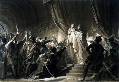 Cesarzowa Maria Teresa (1717-80) przedstawiająca przyszłego Józefa II magnatom węgierskim (grafit, sepia myje tuszem i gwasz na papierze) autorstwa Alexandre Evariste Fragonard