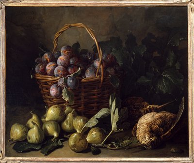 Martwa natura, figi i śliwki Malarstwo Francois Desportes (1661-1743) Paryż XVIII w., Sztuka dekoracyjna autorstwa Alexandre Francois Desportes