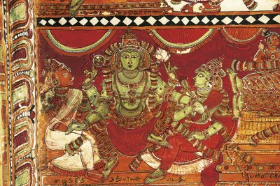 Visnu, fragment fresków przedstawiających życie Śiwy w sanktuarium Parvati, świątynia Nataraya, Chidambaram, Tamil Nadu, Indie, V w. autorstwa Nicolas Toussaint Charlet