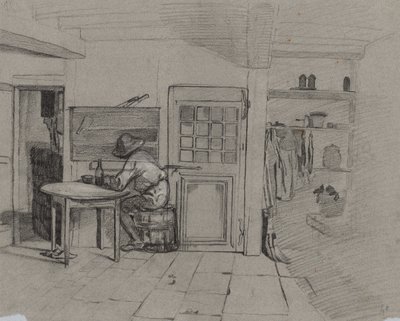 Wnętrze wiejskiego domu z chłopcem przy stole, ok. 1900 r. 1846. autorstwa Alexandre Gabriel Decamps
