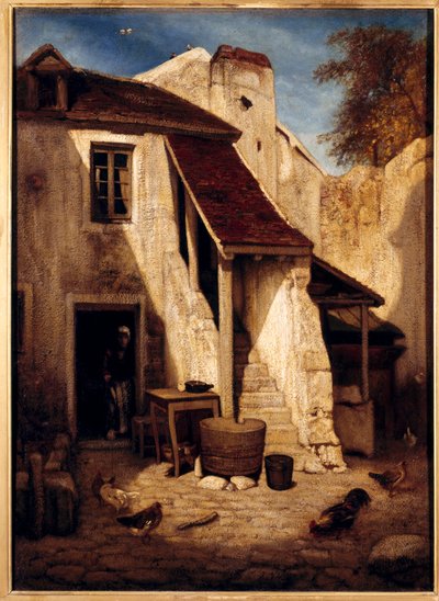 Wnętrze rustykalnego dziedzińca w Fontainebleau Obraz Alexandre Gabriel Decamps (1803-1860) XIX w. Słońce. 0,78x0,56 m Paryż, Muzeum Luwru. autorstwa Alexandre Gabriel Decamps