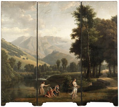 Arkadyjski krajobraz z dziewczętami zbierającymi kwiaty nad brzegiem rzeki, za nim zamek na wzgórzu, 1801 autorstwa Alexandre Hyacinthe Dunouy