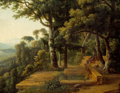 Filozof Jean Jacques Rousseau (1712-1778) medytujący w 1770 roku w Parc de la Rochecordon niedaleko Lyonu Detal. Obraz Alexandre Hyacinthe Dunouy (1757-1841) autorstwa Alexandre Hyacinthe Dunouy