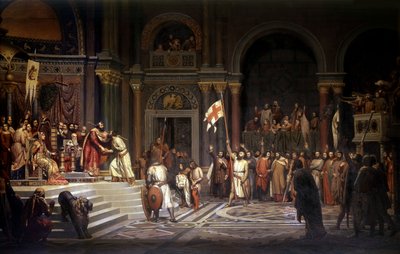 Godfryd z Bouillon przyjęty przez cesarza Konstantynopola Aleksego Komnenę w 1097 r. podczas obrony miasta przed Turkami podczas I krucjaty w latach 1096-1099, 1842 autorstwa Alexandre Jean Baptiste Hesse