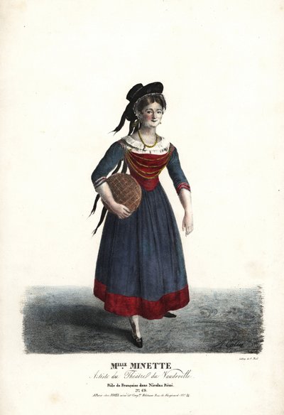 Aktorka Mademoiselle Minette lub Jeanne-Marie-Francoise Menestrier jako Francoise w Nicolasie Remi Sewrin, Theatre du Vaudeville autorstwa Alexandre Marie Colin