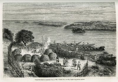 Obóz wzmacnia ekspedycję, aby chronić się przed kanibalami Mouana Ntaba, w pobliżu rzeki Leopold (Kongo), rys. A.De Bar, aby zilustrować historię „Przez tajemniczy kontynent”, podróż odbytą w latach 1874-1877 przez Sir HM Stanleya. Grawerowanie autorstwa Alexandre de (after) Bar