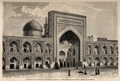 Wewnętrzny dziedziniec meczetu Imama Aly Rizy a Mashhad, rys. A. de Bar, ilustrujący podróż do Chorasanu (Chorasan, Chorasan lub Chorasan) w 1858 r., autorstwa N. de Khanikof. Grawer w „Le tour du monde” 1861. Kolekcja Selvy. autorstwa Alexandre de (after) Bar
