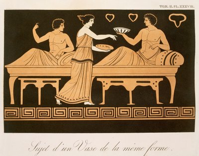 Bankiet Bachusa, tabela 38 z „Collection des Vases Grecs, Tom II”, wydana w latach 1813-24 (kolor lito) autorstwa Alexandre de Laborde