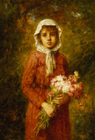 Młoda dziewczyna trzymająca bukiet kwiatów, autorstwa Alexei Alexevich Harlamoff