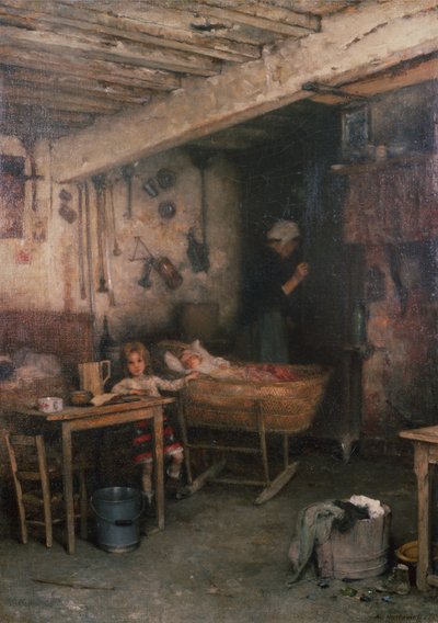 Dzieci we wnętrzu domku (olej na płótnie) autorstwa Alexei Alexevich Harlamoff