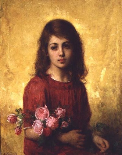 Portret młodej dziewczyny trzymającej bukiet róż autorstwa Alexei Alexevich Harlamoff