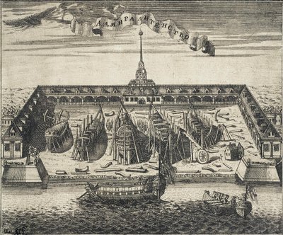 Widok Stoczni Admiralicji w Petersburgu, 1717 r. autorstwa Alexei Ivanovich Rostovtsev