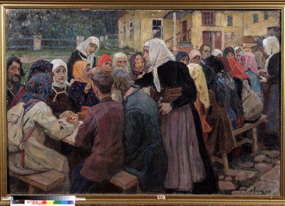 Posiłek. Długi stół ustawiony w ogrodzie, by serwować obiad tłumowi ludzi, dyżurne kobiety noszą białe chustki. Obraz Aleksieja Michajłowicza Korina (Korine) (1865-1923), olej na płótnie autorstwa Alexei Mikhailovich Korin