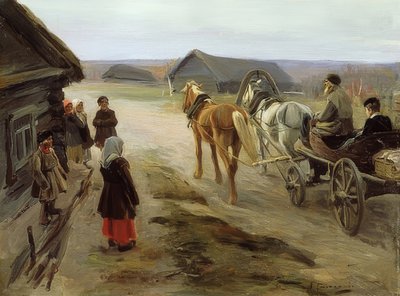 Przybycie nauczyciela szkolnego do wsi. 1908-14 autorstwa Alexei Steipanovitch Stepanov