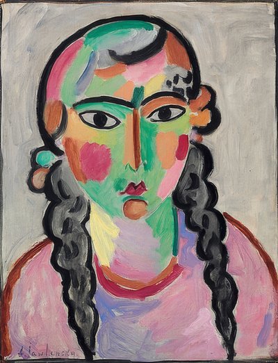 Blada dziewczyna z szarymi warkoczami. Około 1916 r. autorstwa Alexej von Jawlensky