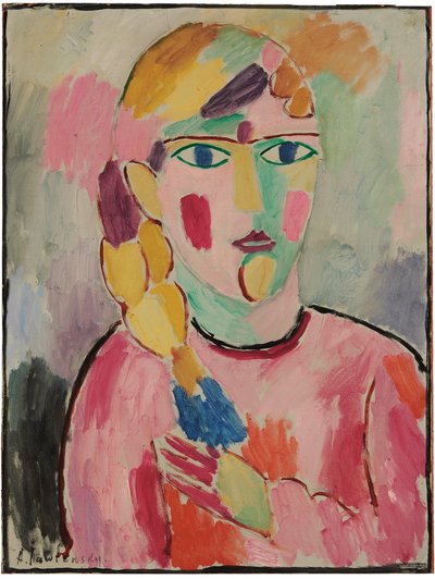 Dziewczyna z niebieskimi oczami i kucykiem; Dziewczyna z niebieskimi oczami i warkoczem, ok. 1916 autorstwa Alexej von Jawlensky